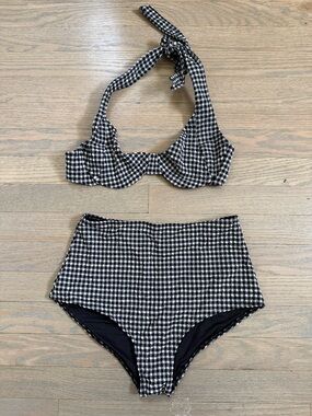 Black & White Gingham High-Waist Bikini Set, Sz Small